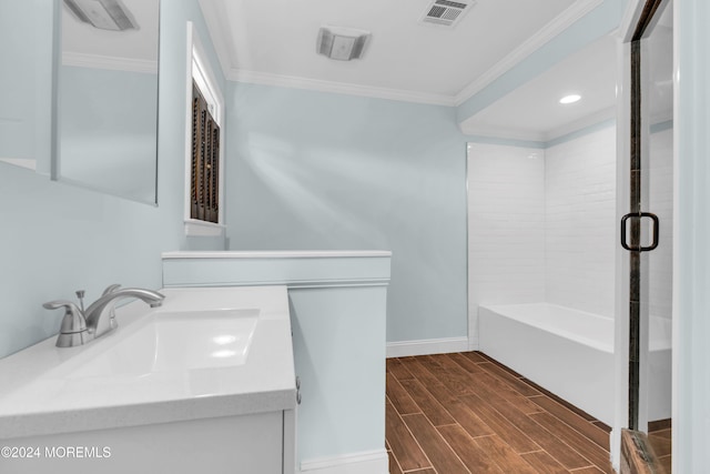 138 Summit Ave, Neptune City, NJ 07753 - bathroom featuring visible vents, ornamental molding, wood finished floors, baseboards, and walk in shower