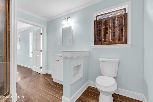 138 Summit Ave, Neptune City, NJ 07753 - bathroom with wood tiled floor, baseboards, ornamental molding, and toilet