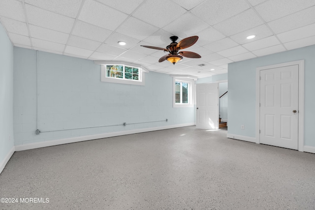 138 Summit Ave, Neptune City, NJ 07753 - interior space featuring baseboards, ceiling fan, a drop ceiling, recessed lighting, and concrete block wall