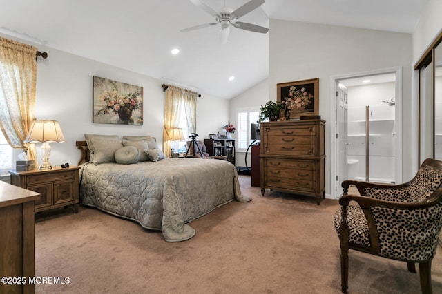 bedroom with recessed lighting, a closet, light carpet, ensuite bath, and high vaulted ceiling