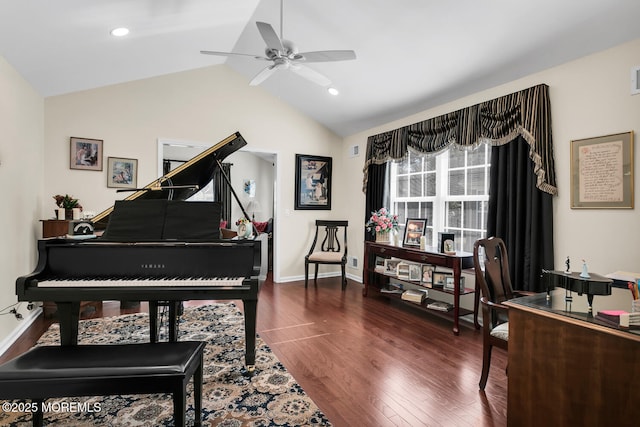 sitting room with lofted ceiling, recessed lighting, ceiling fan, wood finished floors, and baseboards