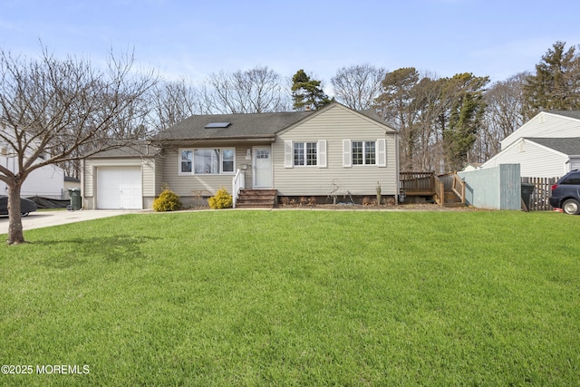 view of front of home with entry steps, a garage, a shingled roof, concrete driveway, and a front lawn