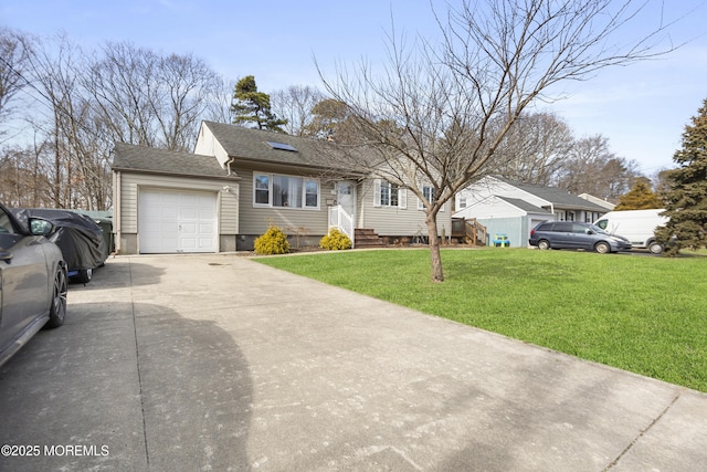 view of front of house with roof with shingles, concrete driveway, entry steps, a front yard, and a garage