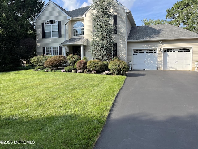 traditional-style home with aphalt driveway, a front yard, roof with shingles, and an attached garage