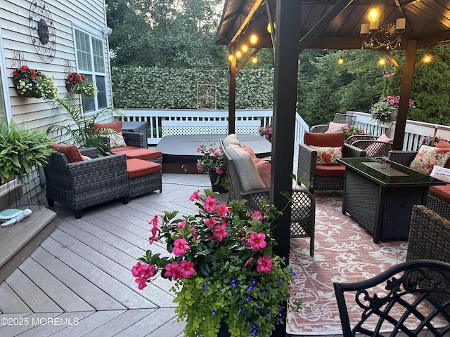 wooden deck featuring an outdoor living space