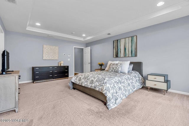 carpeted bedroom with recessed lighting, a raised ceiling, and baseboards