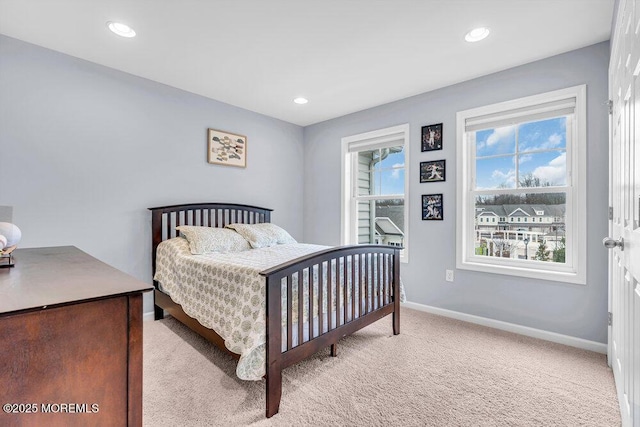 bedroom featuring carpet floors, recessed lighting, and baseboards