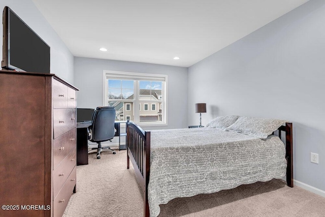 bedroom with light carpet, baseboards, and recessed lighting