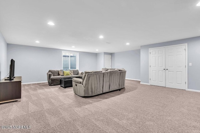 living room with baseboards, carpet flooring, and recessed lighting