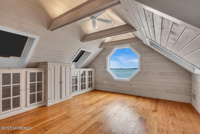 additional living space featuring wood-type flooring, lofted ceiling with beams, a ceiling fan, wooden walls, and wooden ceiling