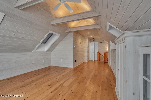 additional living space with vaulted ceiling with skylight, hardwood / wood-style floors, wooden ceiling, and a ceiling fan