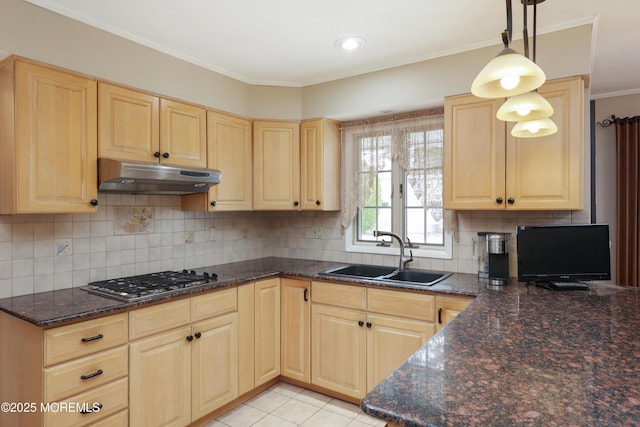 kitchen with crown molding, stainless steel gas stovetop, light brown cabinets, a sink, and under cabinet range hood