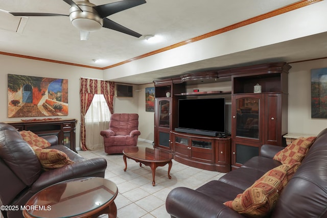 living room featuring crown molding, a wall mounted air conditioner, ceiling fan, and light tile patterned floors