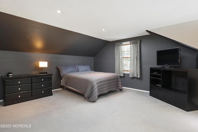 bedroom featuring lofted ceiling, carpet floors, recessed lighting, and baseboards