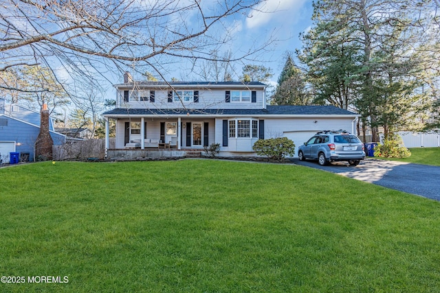 view of front of property featuring driveway, a chimney, an attached garage, covered porch, and a front lawn