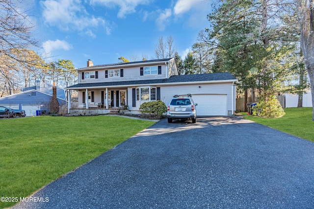 view of front of property featuring covered porch, driveway, a front yard, and a garage