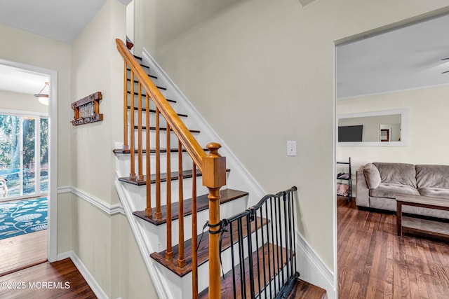 stairway with baseboards and hardwood / wood-style floors