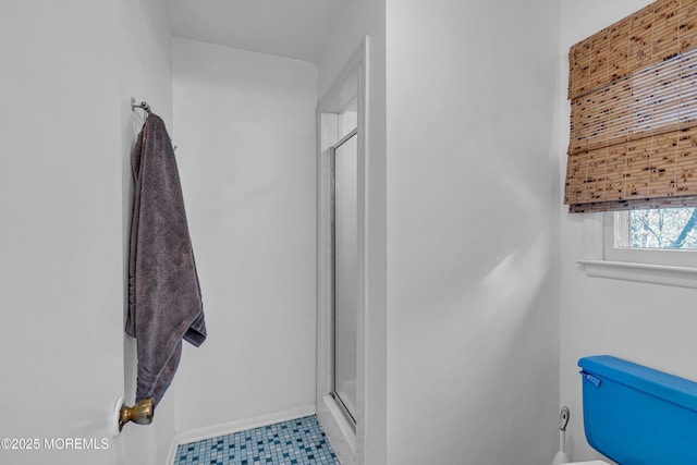 bathroom featuring toilet and a shower stall