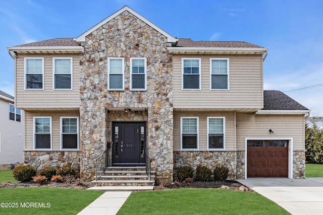 view of front of property with a shingled roof, a front yard, concrete driveway, and a garage