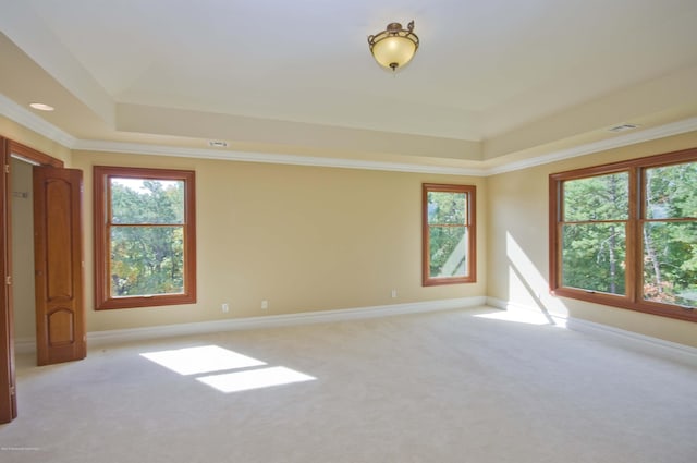 empty room featuring baseboards, a tray ceiling, ornamental molding, and light colored carpet