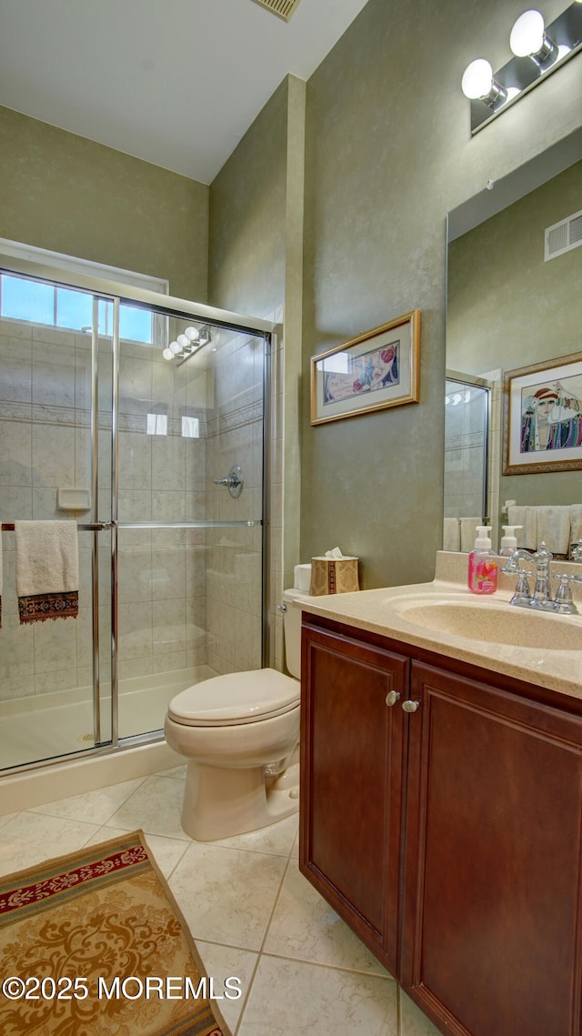 full bathroom with toilet, a stall shower, visible vents, and vanity