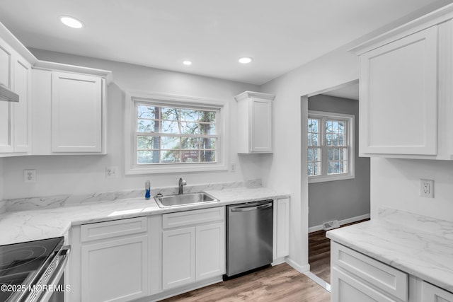 kitchen with stainless steel appliances, recessed lighting, white cabinetry, and a sink