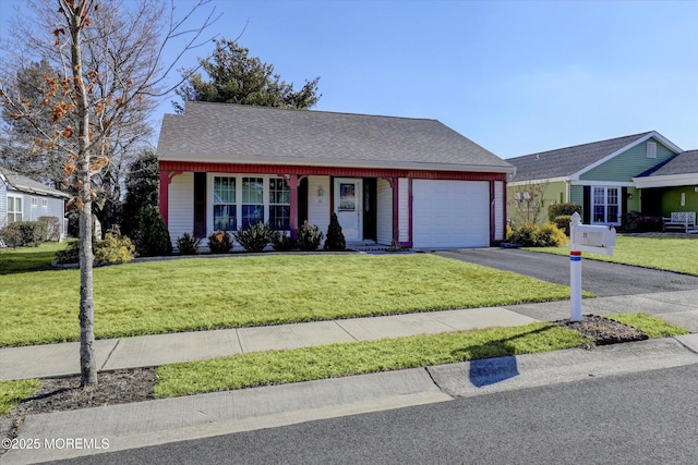 single story home with an attached garage, a shingled roof, aphalt driveway, and a front yard