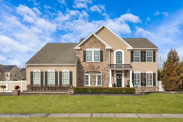 colonial home featuring stone siding, a shingled roof, a front yard, and fence