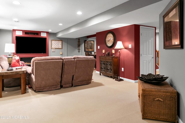 living room with recessed lighting, visible vents, baseboards, stairs, and carpet