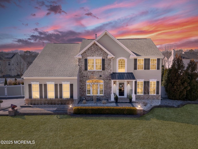 view of front of house with stone siding, metal roof, roof with shingles, fence, and a yard