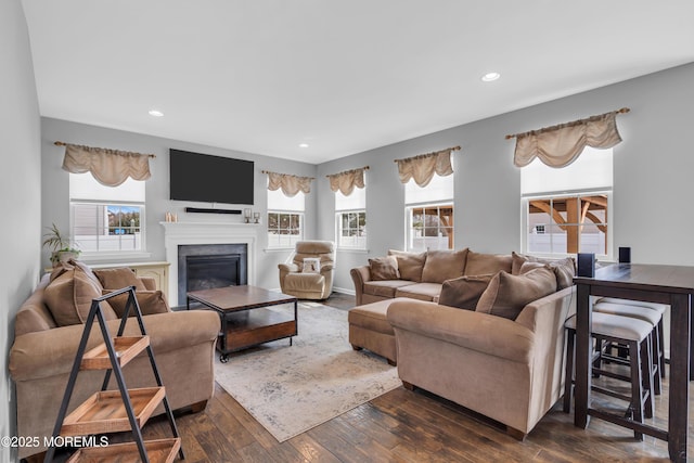 living area with dark wood-style floors, a glass covered fireplace, and recessed lighting