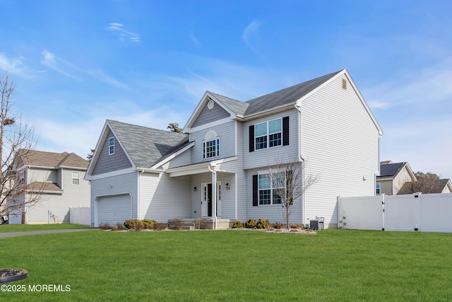 view of front of house with a gate, central AC, fence, and a front lawn