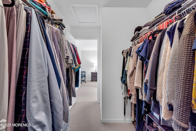 spacious closet with light carpet and attic access