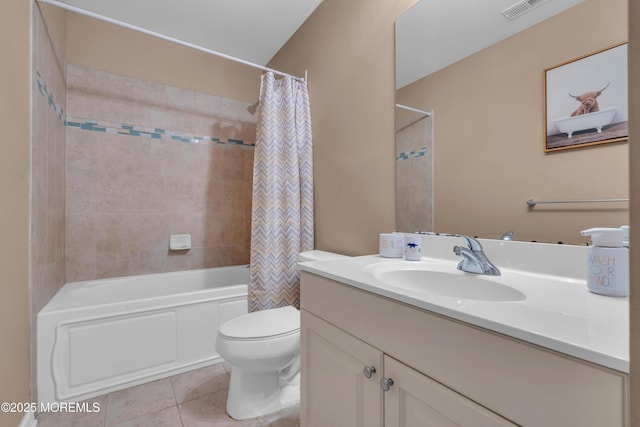 bathroom with tile patterned flooring, toilet, vanity, visible vents, and shower / bathtub combination with curtain