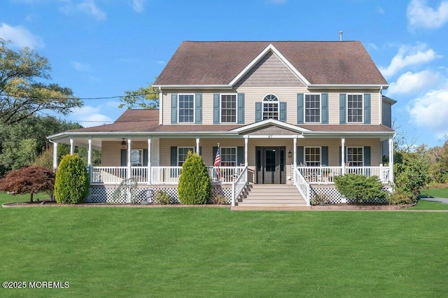 colonial home with covered porch, a front lawn, and roof with shingles