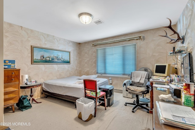 carpeted bedroom featuring wallpapered walls and visible vents