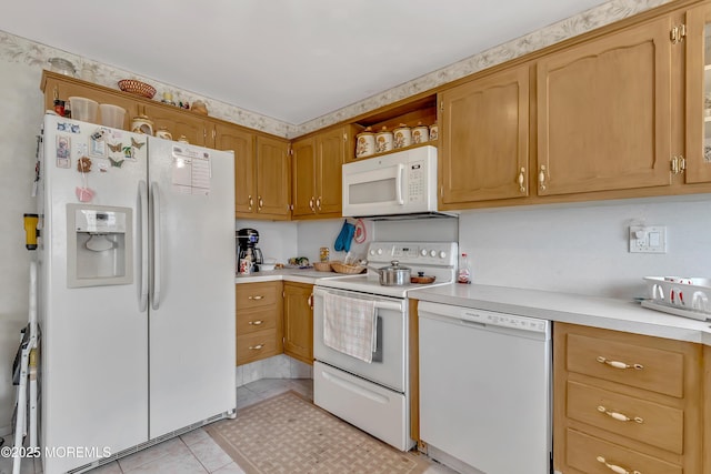 kitchen with white appliances, light countertops, open shelves, and light tile patterned floors