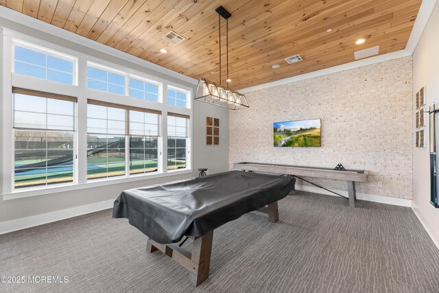 playroom with wooden ceiling, carpet, and visible vents