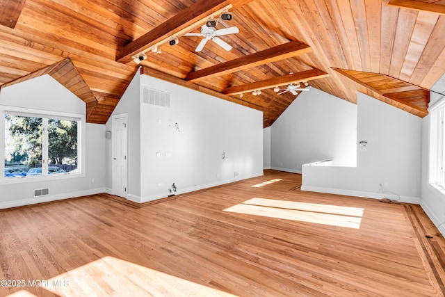 bonus room with light wood-type flooring, wooden ceiling, and visible vents