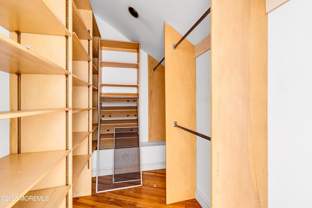 walk in closet with wood finished floors