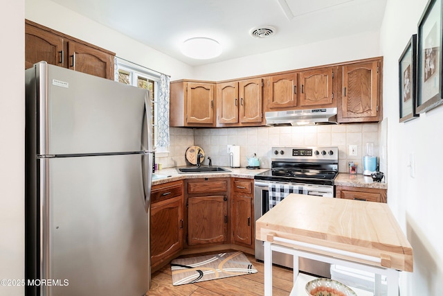 kitchen featuring light countertops, backsplash, appliances with stainless steel finishes, a sink, and under cabinet range hood