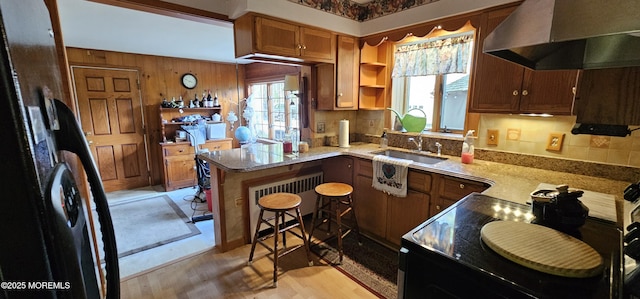 kitchen featuring open shelves, decorative backsplash, extractor fan, a sink, and black appliances