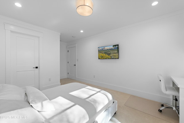 bedroom with recessed lighting, crown molding, and baseboards