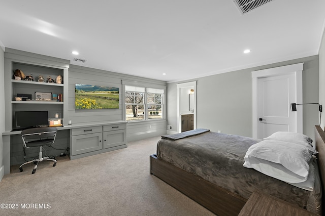 bedroom featuring light carpet, visible vents, and recessed lighting