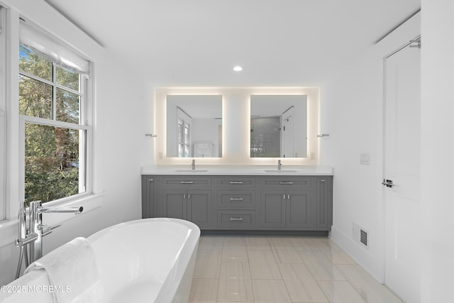 full bath featuring a freestanding tub, a healthy amount of sunlight, visible vents, and a sink