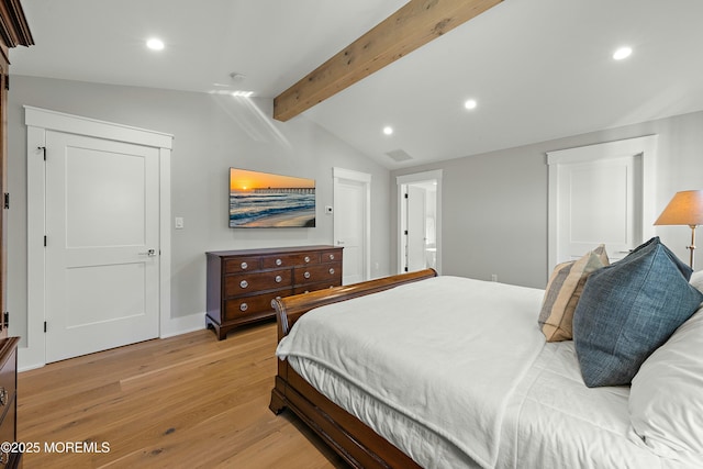 bedroom featuring visible vents, baseboards, vaulted ceiling with beams, light wood-type flooring, and recessed lighting