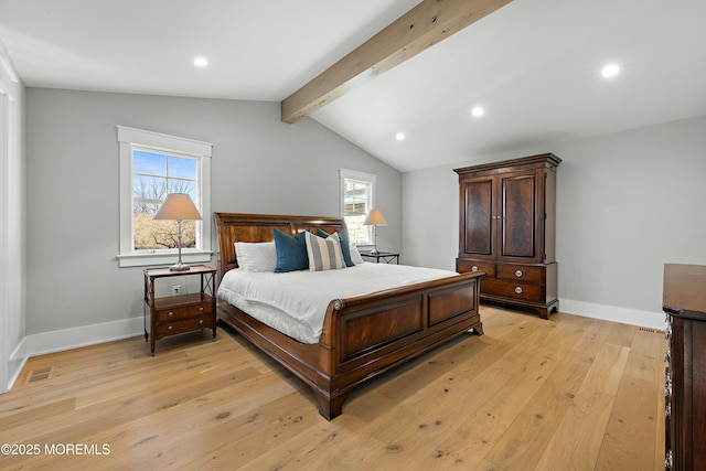 bedroom with vaulted ceiling with beams, light wood finished floors, recessed lighting, visible vents, and baseboards