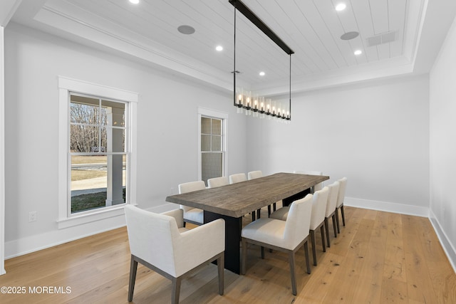 dining space with a tray ceiling, light wood-type flooring, wooden ceiling, and recessed lighting