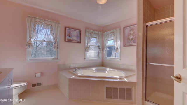 bathroom with toilet, a shower stall, visible vents, and a bath