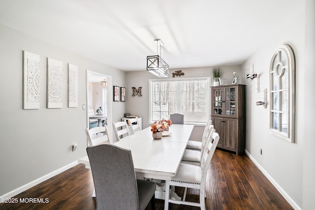 dining area featuring baseboards, a healthy amount of sunlight, and dark wood-style floors